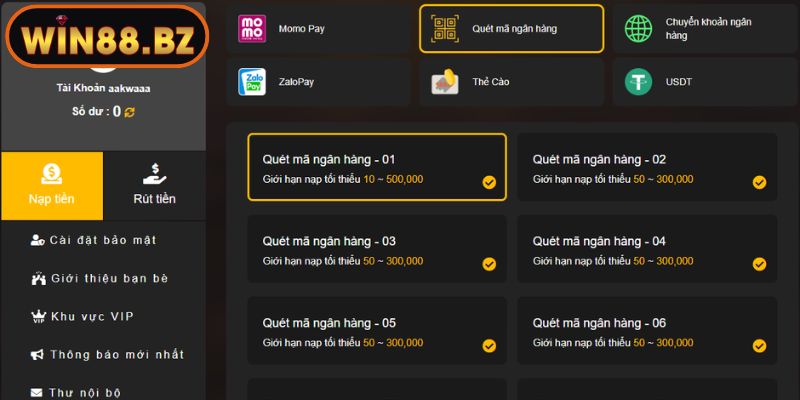 Nạp tiền Win88 bằng quét mã QR
